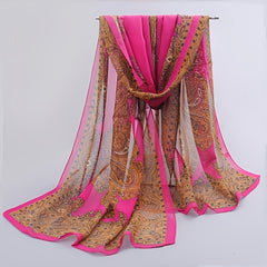 Boho Vintage Print Chiffon Silk Scarf - Summer Beach Towel Shawl