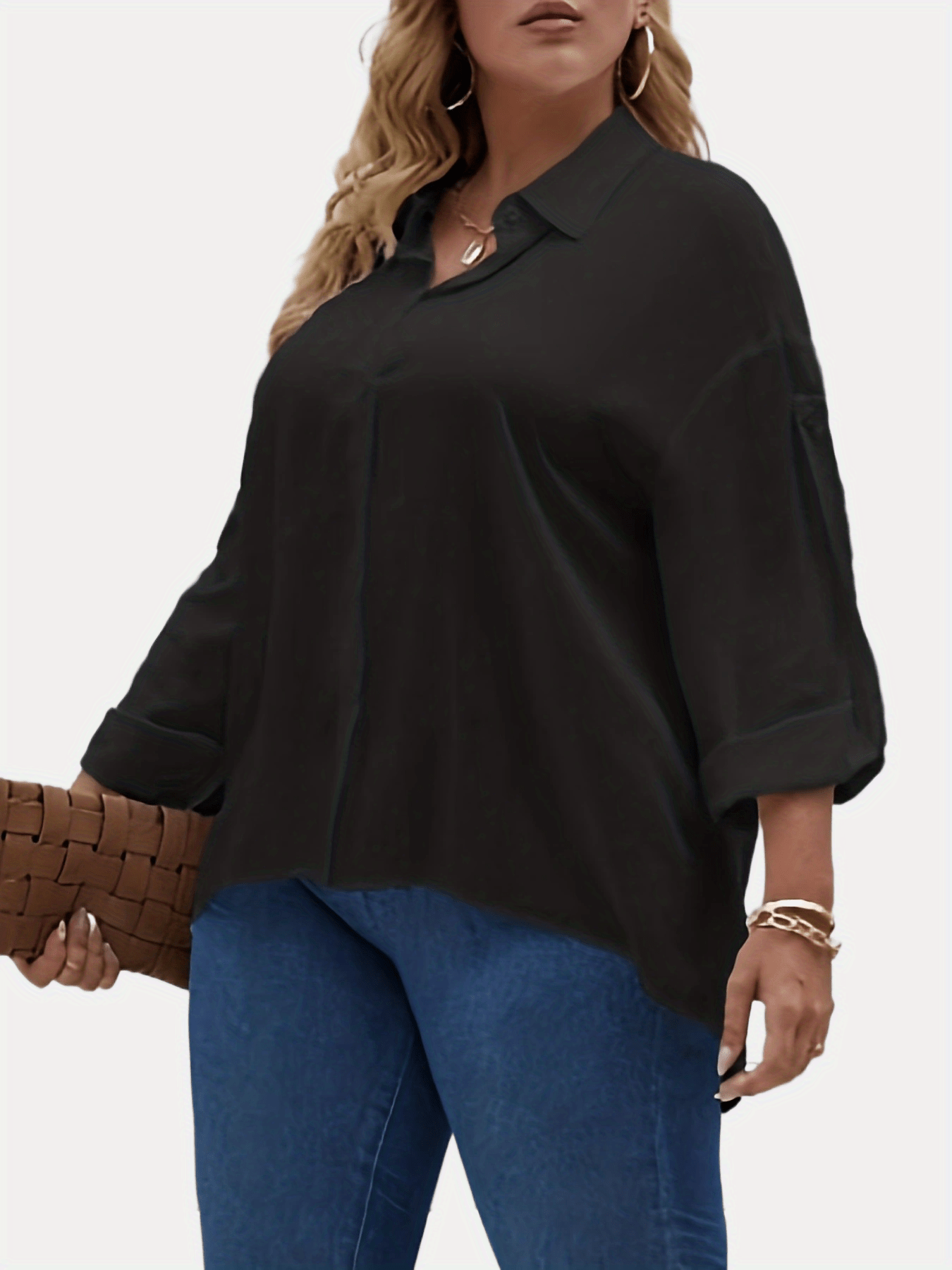  Basic Blouse Women's Plus Plain Turn Down Collar Button Up Shirt