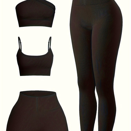 4pcs Yoga Workout Set One Shoulder & Cami Sports Bra & Shorts & Leggings