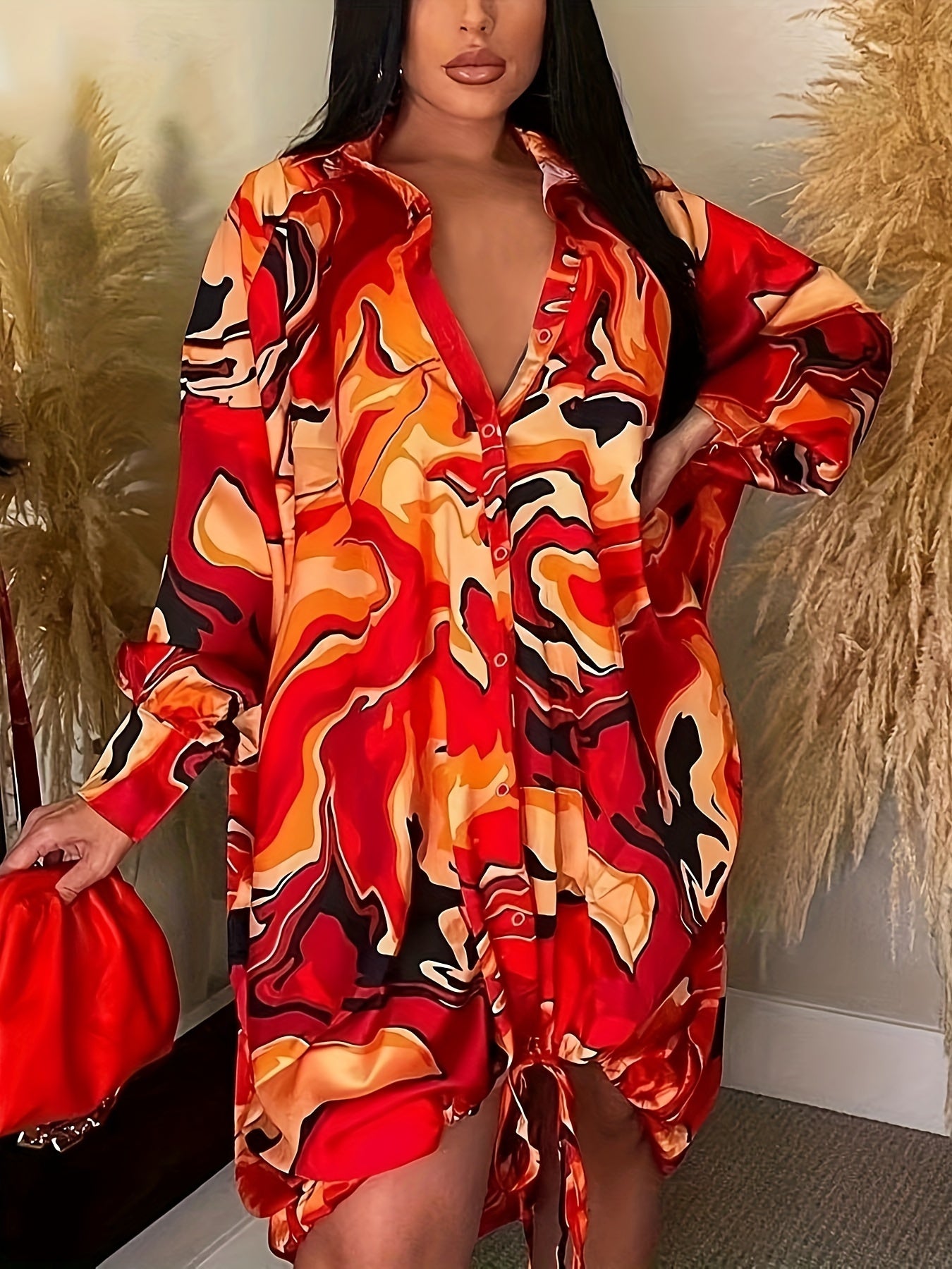Women's Plus Marble Print Button Up Collar Dress