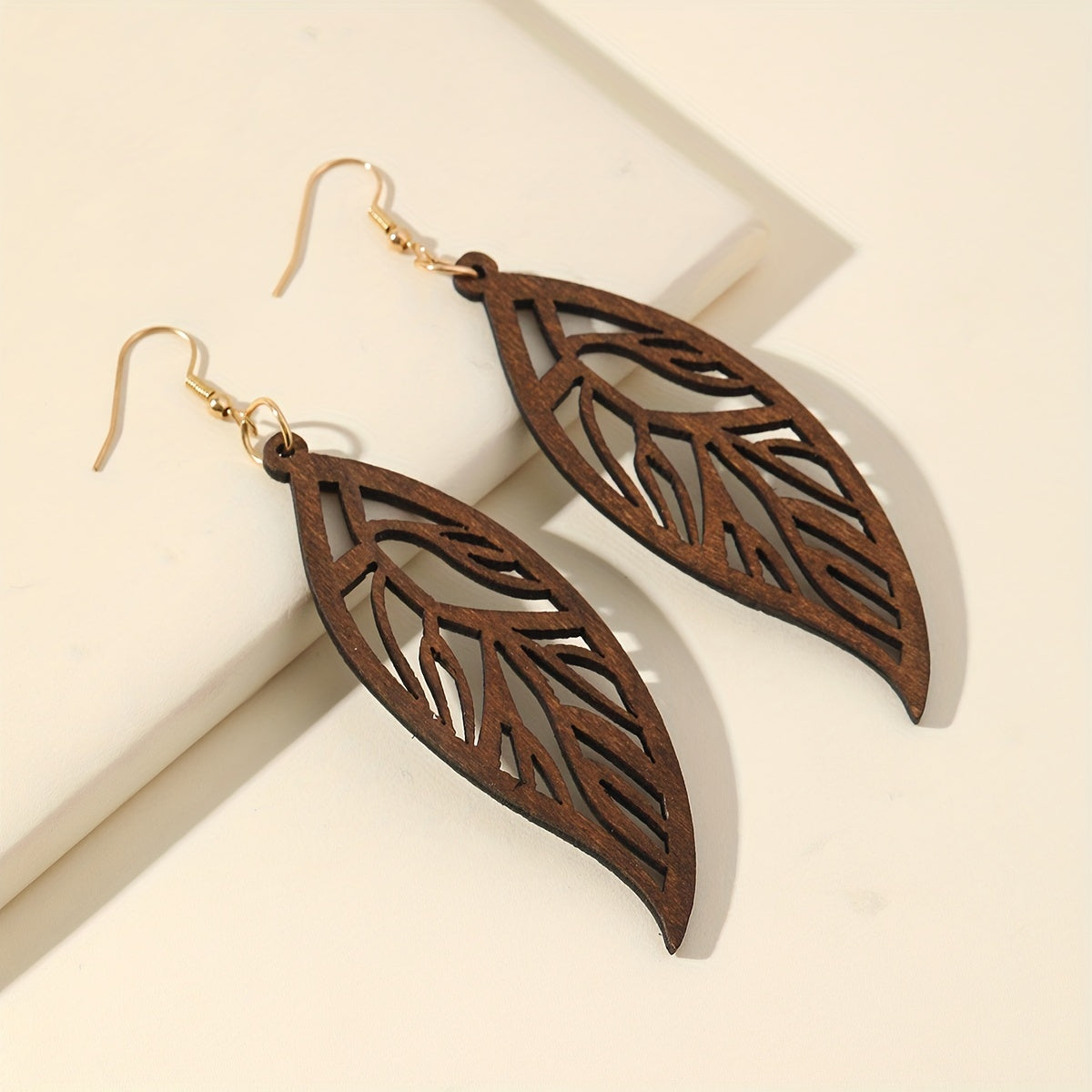 Hollow Leaf Dangle Earrings Bohemian Style Wooden Jewelry
