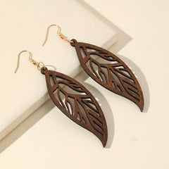 Hollow Leaf Dangle Earrings Bohemian Style Wooden Jewelry