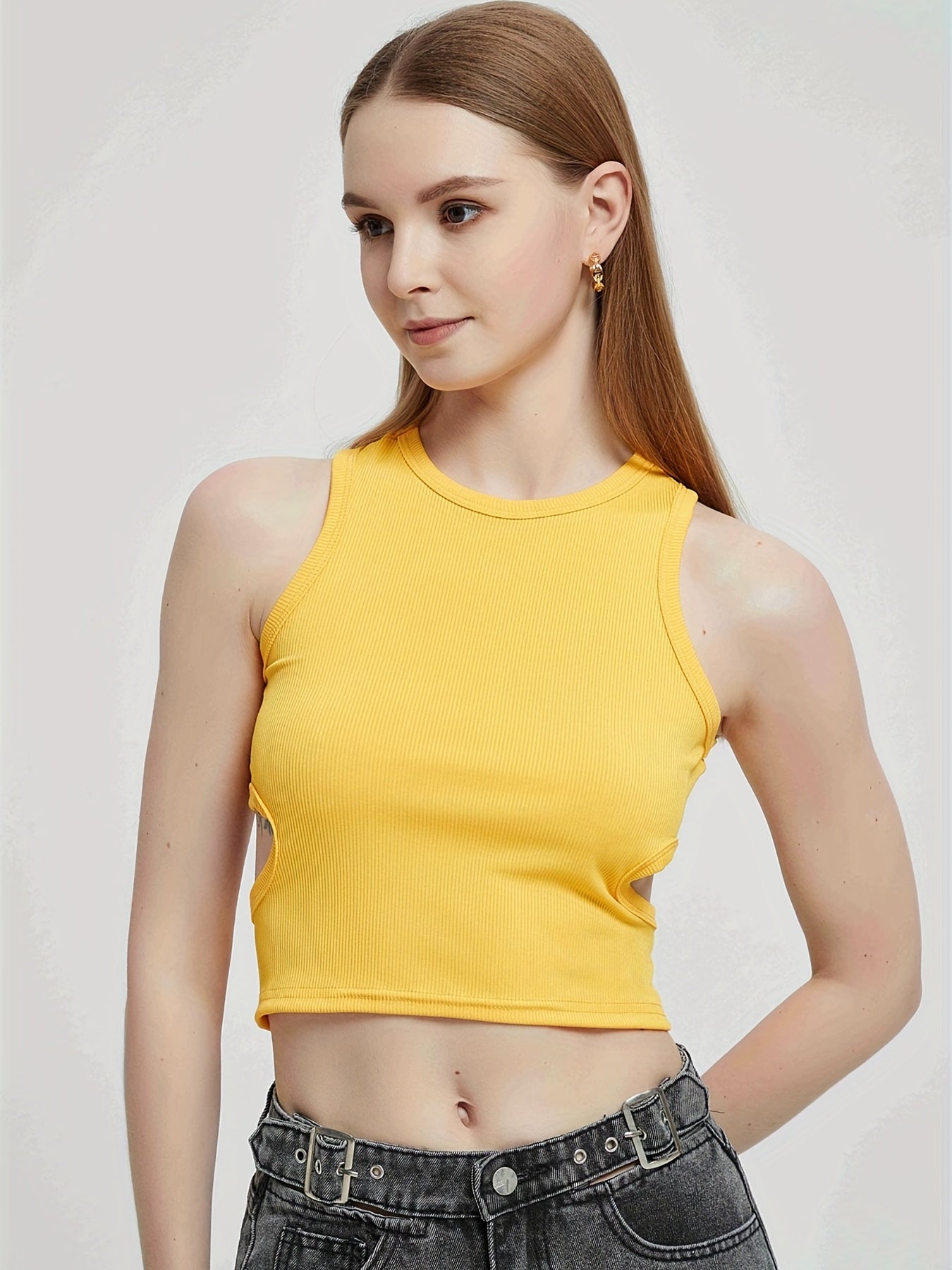 Cut Out Ribbed Crop Tank Top Y2K Sexy Sleeveless Crew Neck