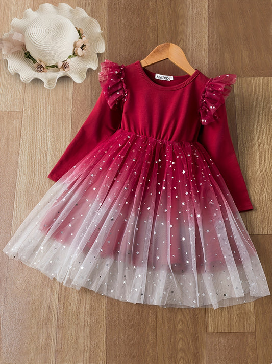 Girls' Starry Sky Princess Dress Long Sleeve Fairy Dress Christmas Tutu