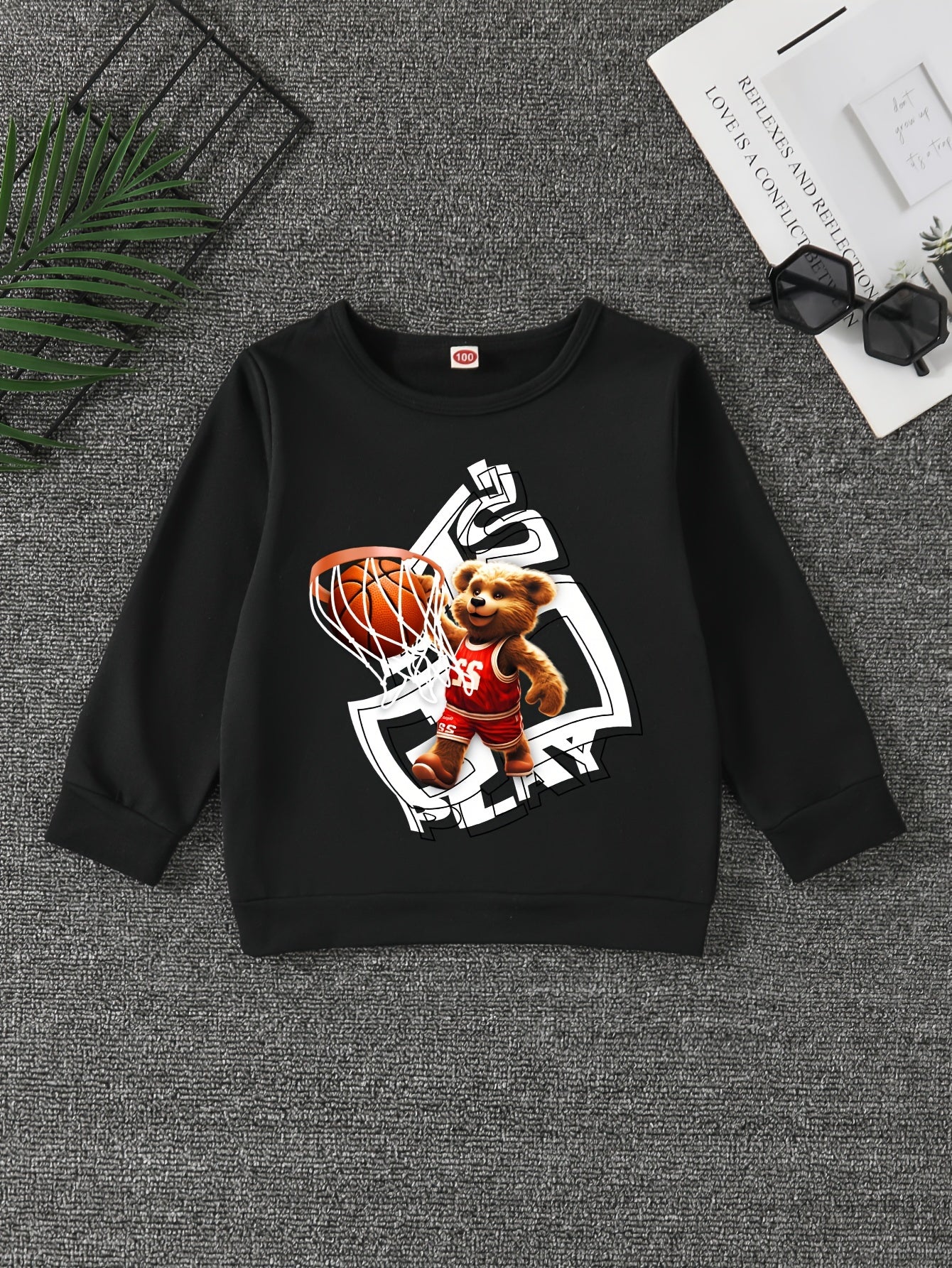 Bear Basketball Print Boys Sweatshirt Long Sleeve Crew Neck Tops