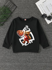 Bear Basketball Print Boys Sweatshirt Long Sleeve Crew Neck Tops