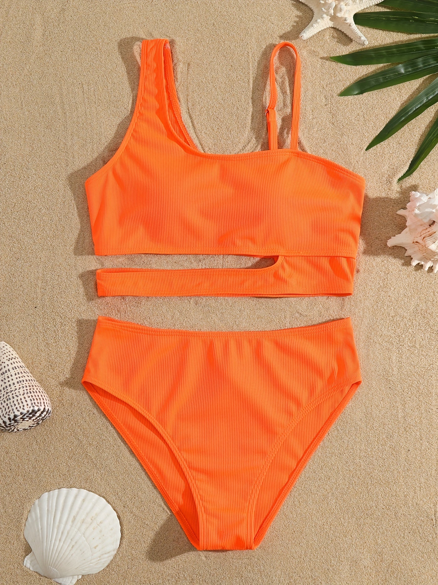 Solid Cut Out Bikini Sets High Cut Two Pieces Swimsuit Women's Swimwear