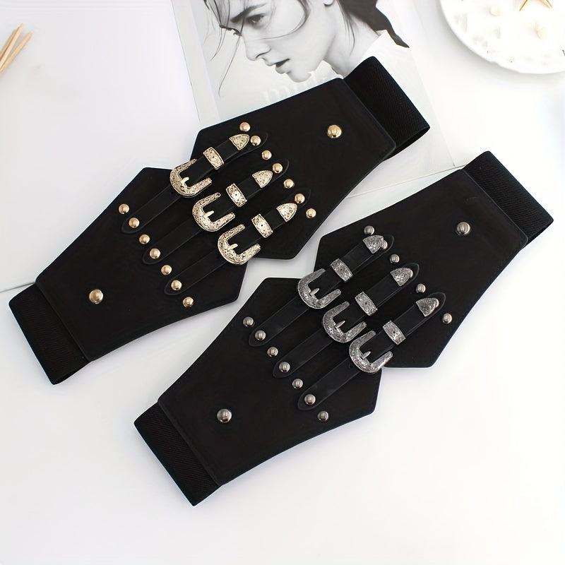 Wide Punk Elastic Waistband Rivet Belt