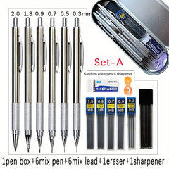6pcs Metal Mechanical Pencil Set 0.3-2.0mm Art Sketch Automatic Pencil