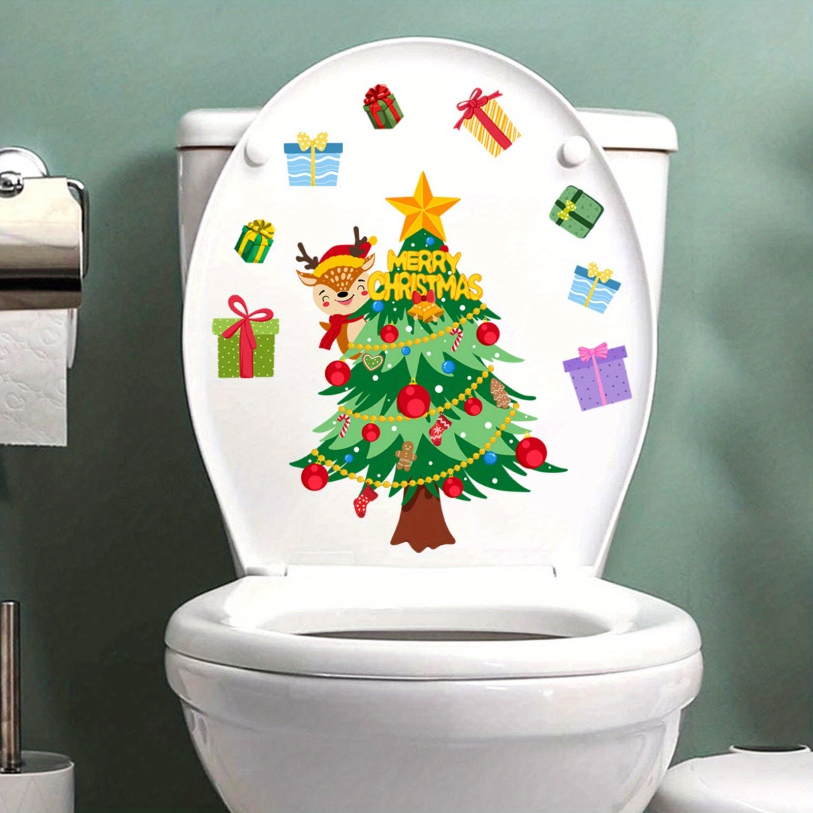 Christmas Tree Toilet Lid Decal Self Adhesive Wall Sticker Bathroom Decor