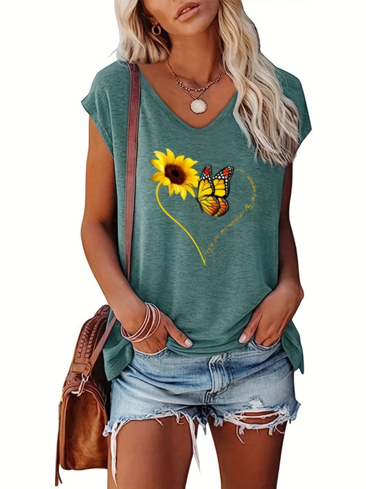 Sunflower & Butterfly Print Cap Sleeve Top V Neck Summer Top