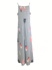  Summer Dress Women's Feather Print V Neck Maxi Dress
