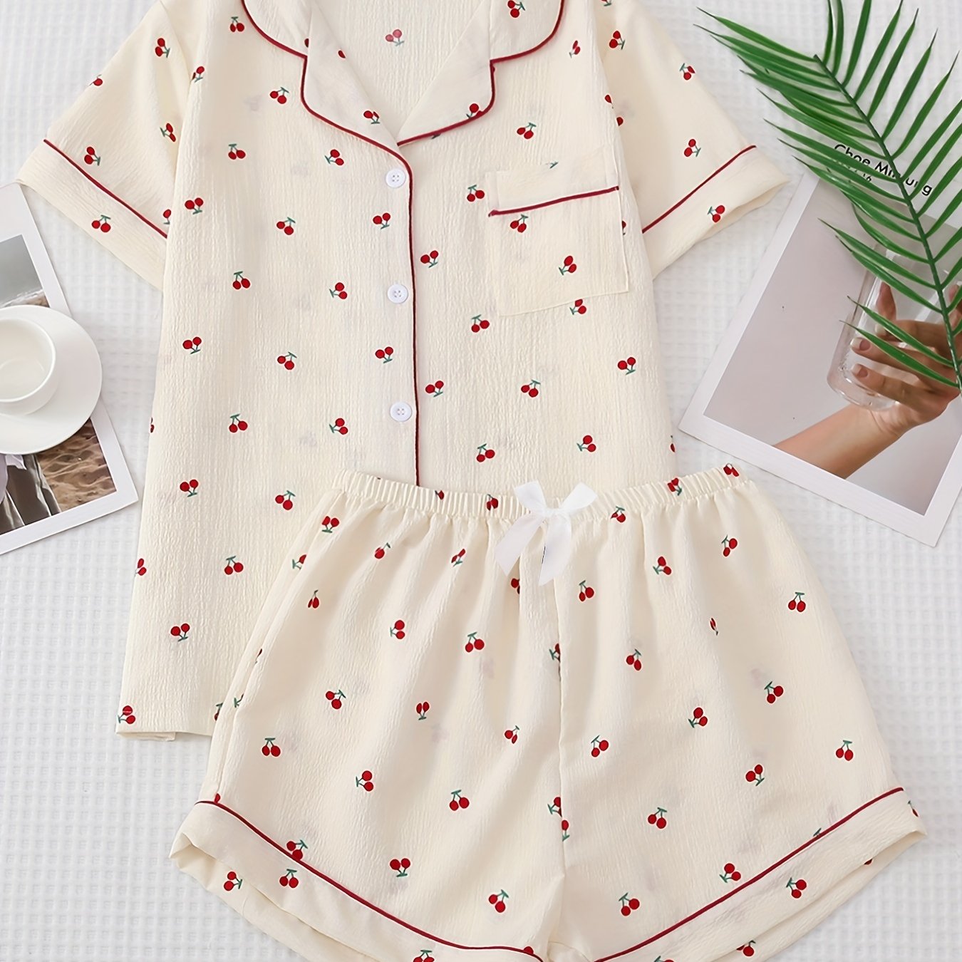 Cherry Print Pajama Set Sweet Top And Bow Shorts Women's Sleepwear