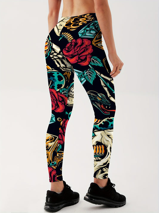 Skull Graphic Seamless Fitness Pants For Halloween High Elastic Leggings