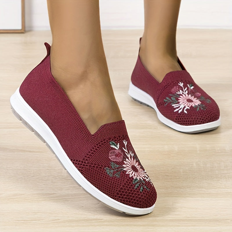 Women's Floral Embroidered Slip On Shoes Breathable Knitted Flats
