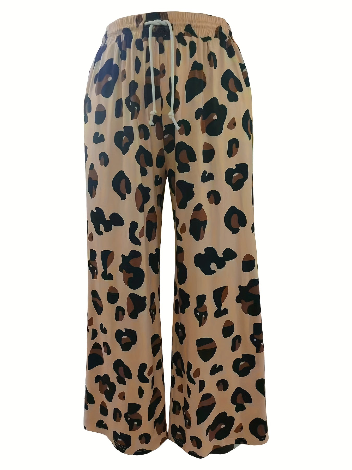  Leopard Print Drawstring Waist Wide Leg Trousers