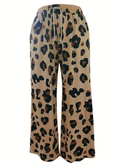  Leopard Print Drawstring Waist Wide Leg Trousers