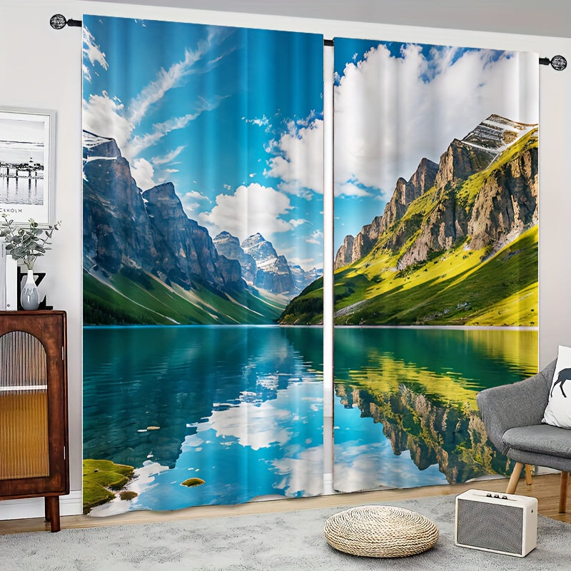 2pcs Mountain Clear River Curtain Window Curtain for Outdoor Shelter Decor