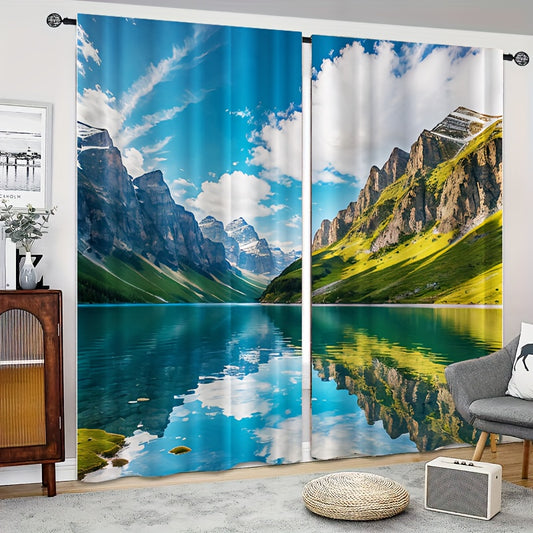 2pcs Mountain Clear River Curtain Window Curtain for Outdoor Shelter Decor