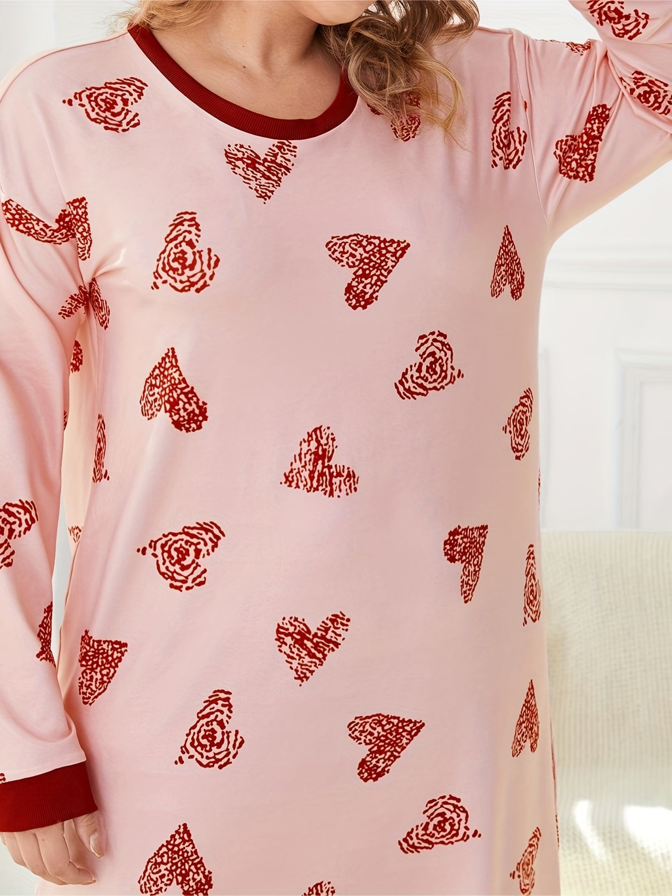 Plus Stripe & Heart Print Long Sleeve Comfort Dress