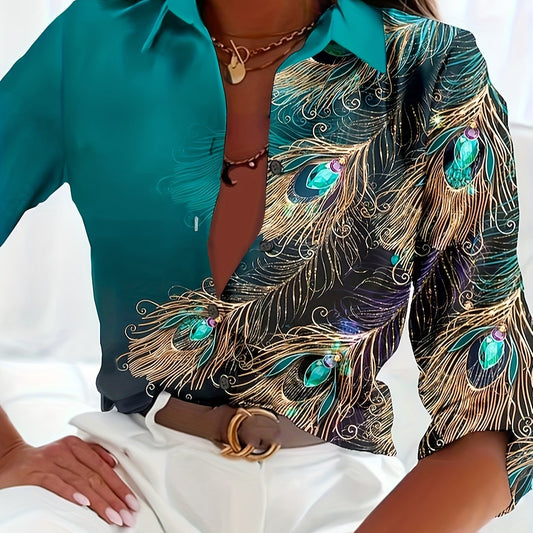  Peacock Print Button Up Long Sleeve Blouse