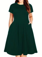  Solid Short Sleeve Midi Dress With Pocket Women's Plus