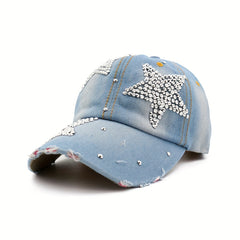 Rhinestone Star Ripped Baseball Cap Denim Washed Distressed Dad Hats Y2K