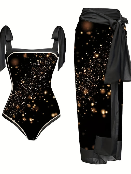 Glitter Star Print One Piece Bathing Suit & Sarong Cover Up Set