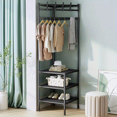 Sturdy Coat Rack with 2 Storage Layers and 4 Double Hooks