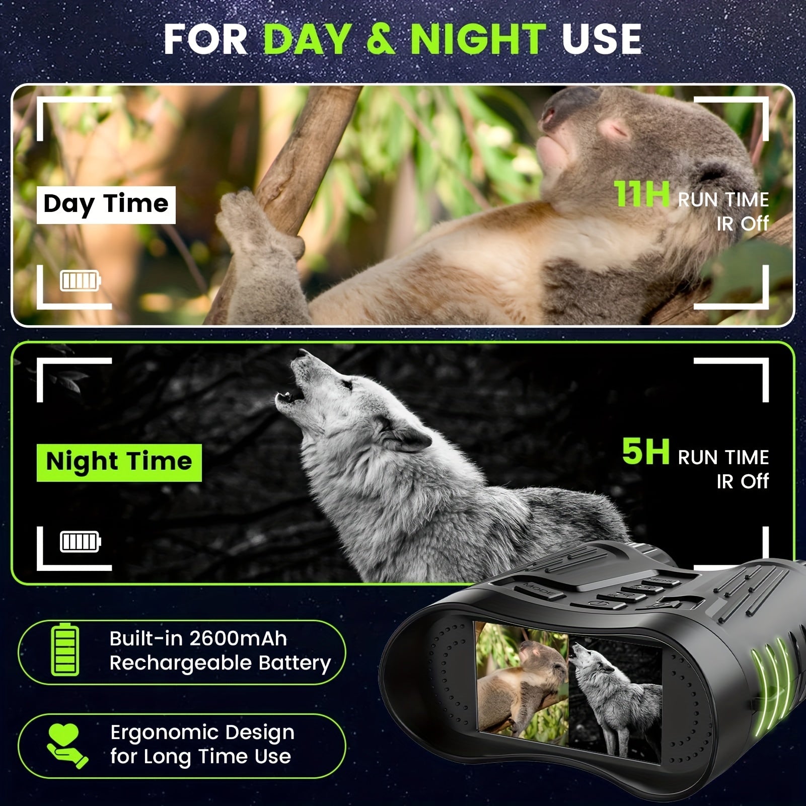 Night Vision Binoculars with 2600mAh Lithium Battery