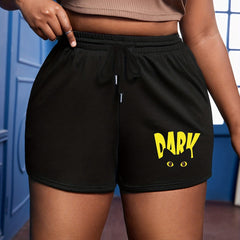 Plus Cat & Letter Print Drawstring High Rise Sporty Shorts