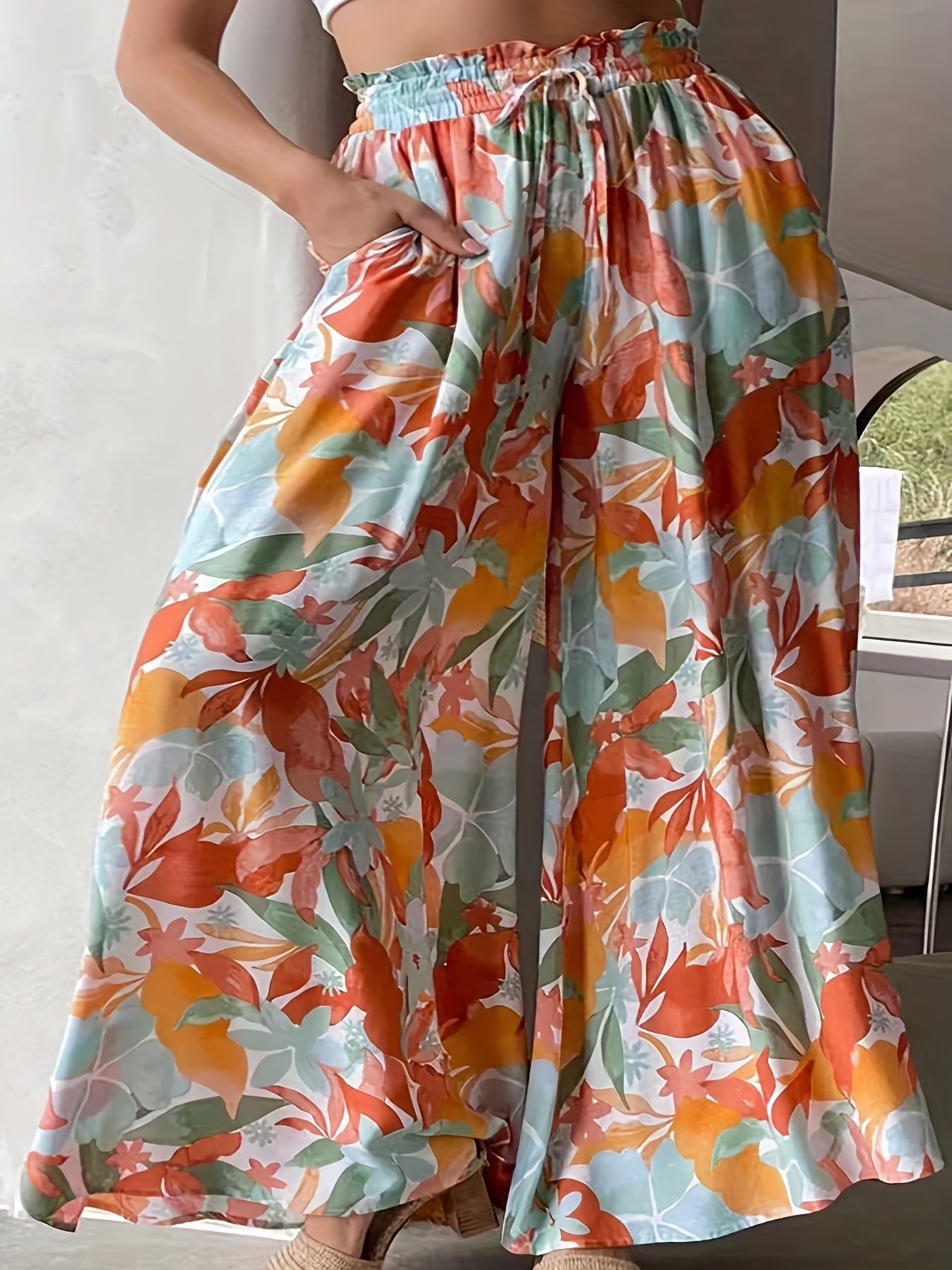 Women's Plus Floral Print Shirred Waist Drawstring Wide Leg Pants