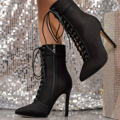 Women's Lace-Up Stiletto Ankle Boots Side Zip High Heels