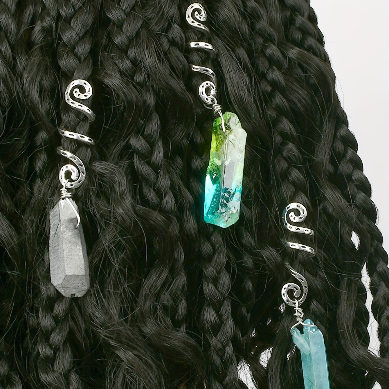 3pcs Colorful Crystal Quartz Dreadlock Hair Ring Spiral Coils Clips