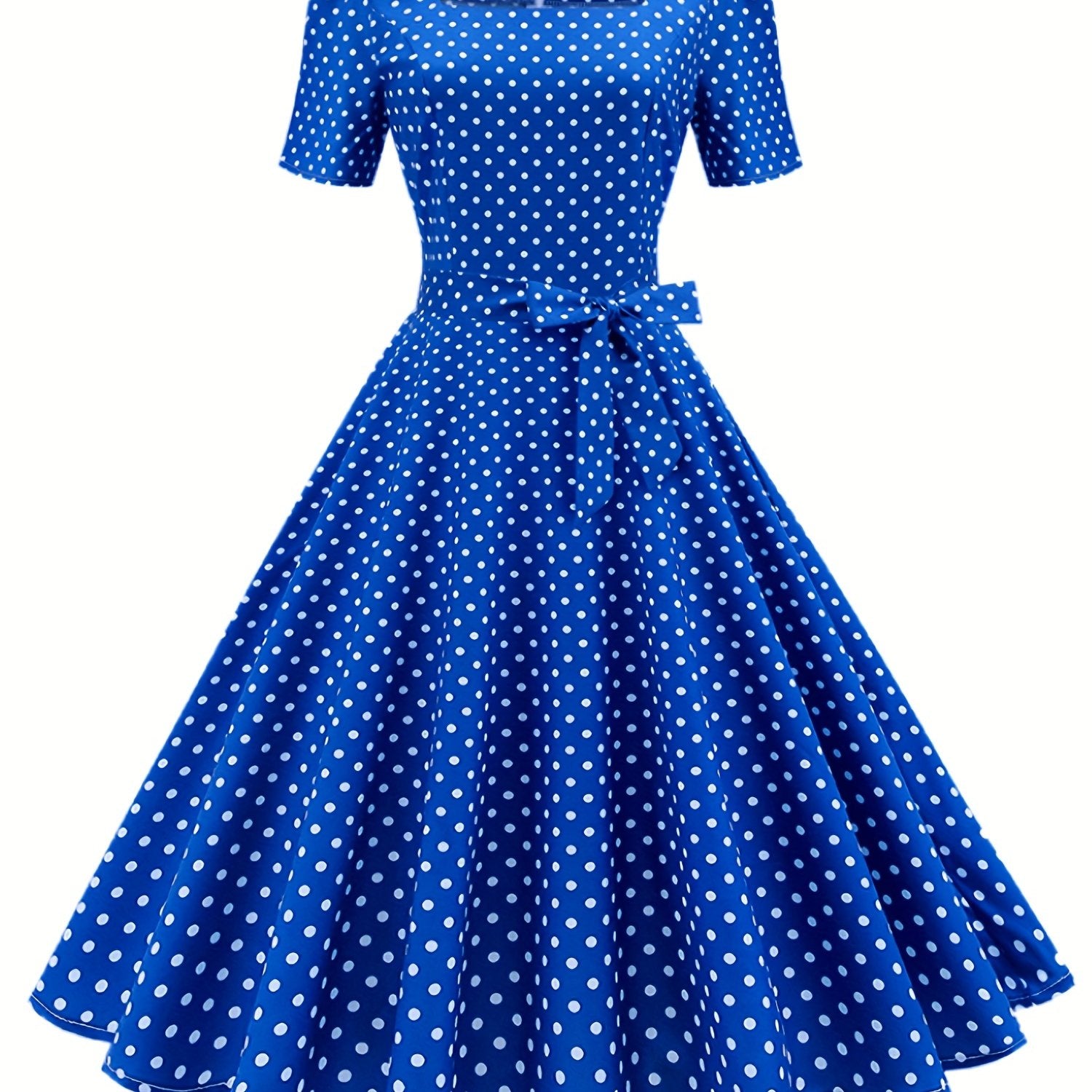 Polka Dot Bow Front Dress Vintage Square Neck Short Sleeve