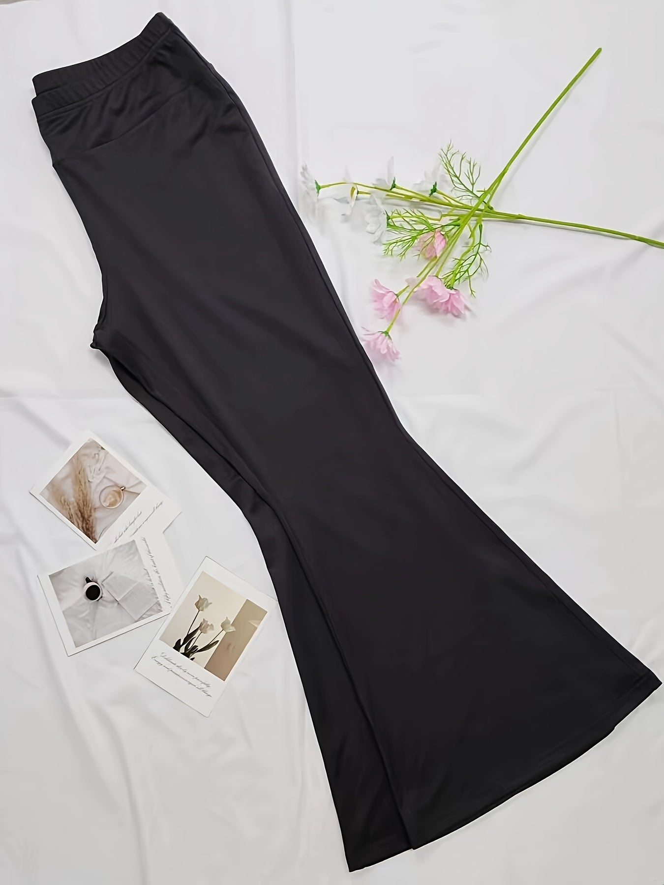  Solid Elastic High Rise Flared Leg Trousers