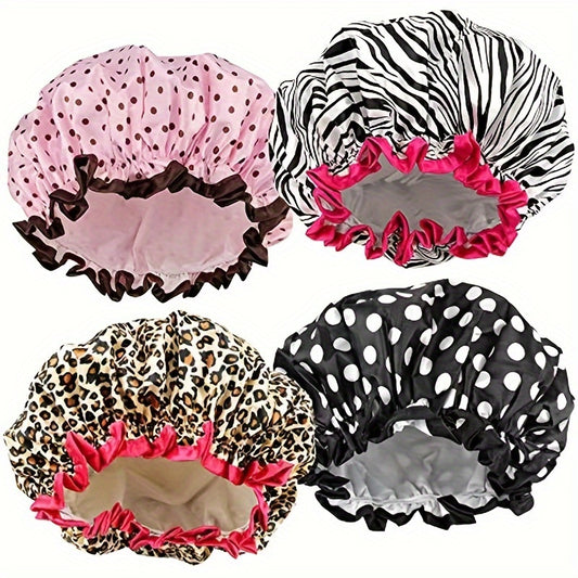 4pcs Double Layer Shower Caps Waterproof Band Stylish Hair Bonnets