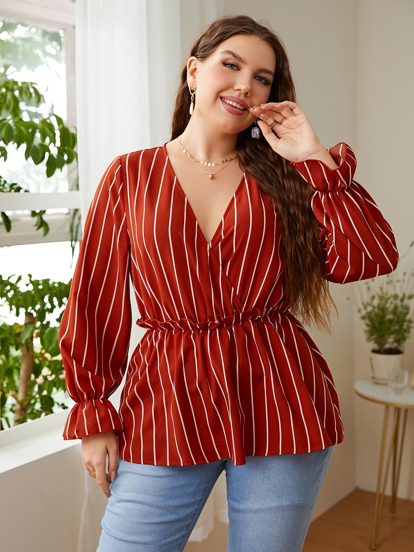  Striped Print V Neck Peplum Blouse Long Sleeve Casual Top