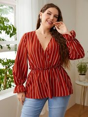  Striped Print V Neck Peplum Blouse Long Sleeve Casual Top
