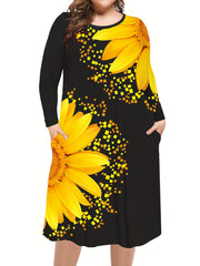  Sunflower Print Long Sleeve Midi Dress with Pockets