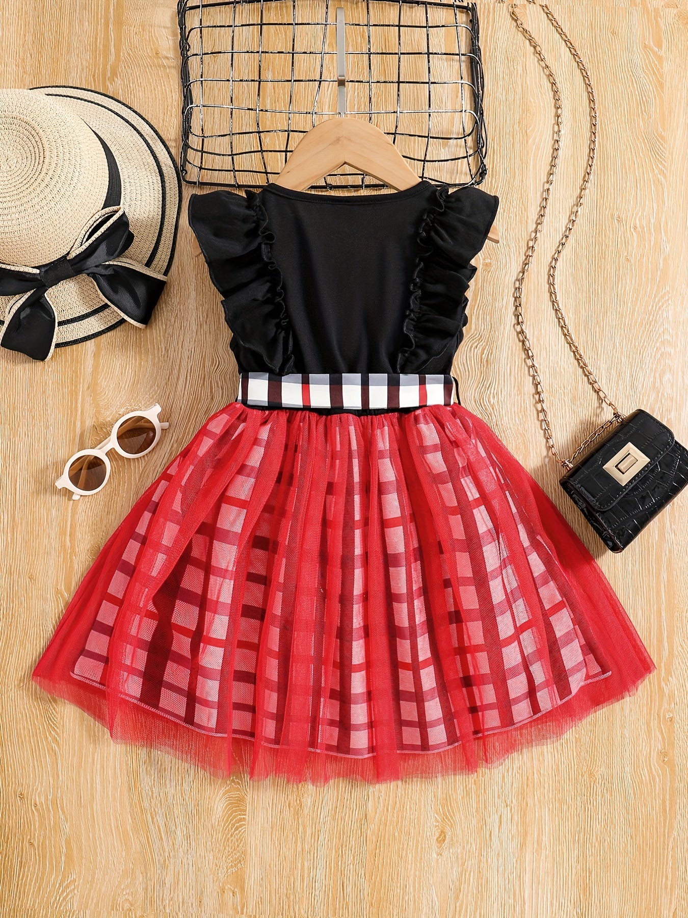 Girls Ruffle Sleeve Plaid Print Princess Dress With Belt