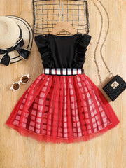 Girls Ruffle Sleeve Plaid Print Princess Dress With Belt