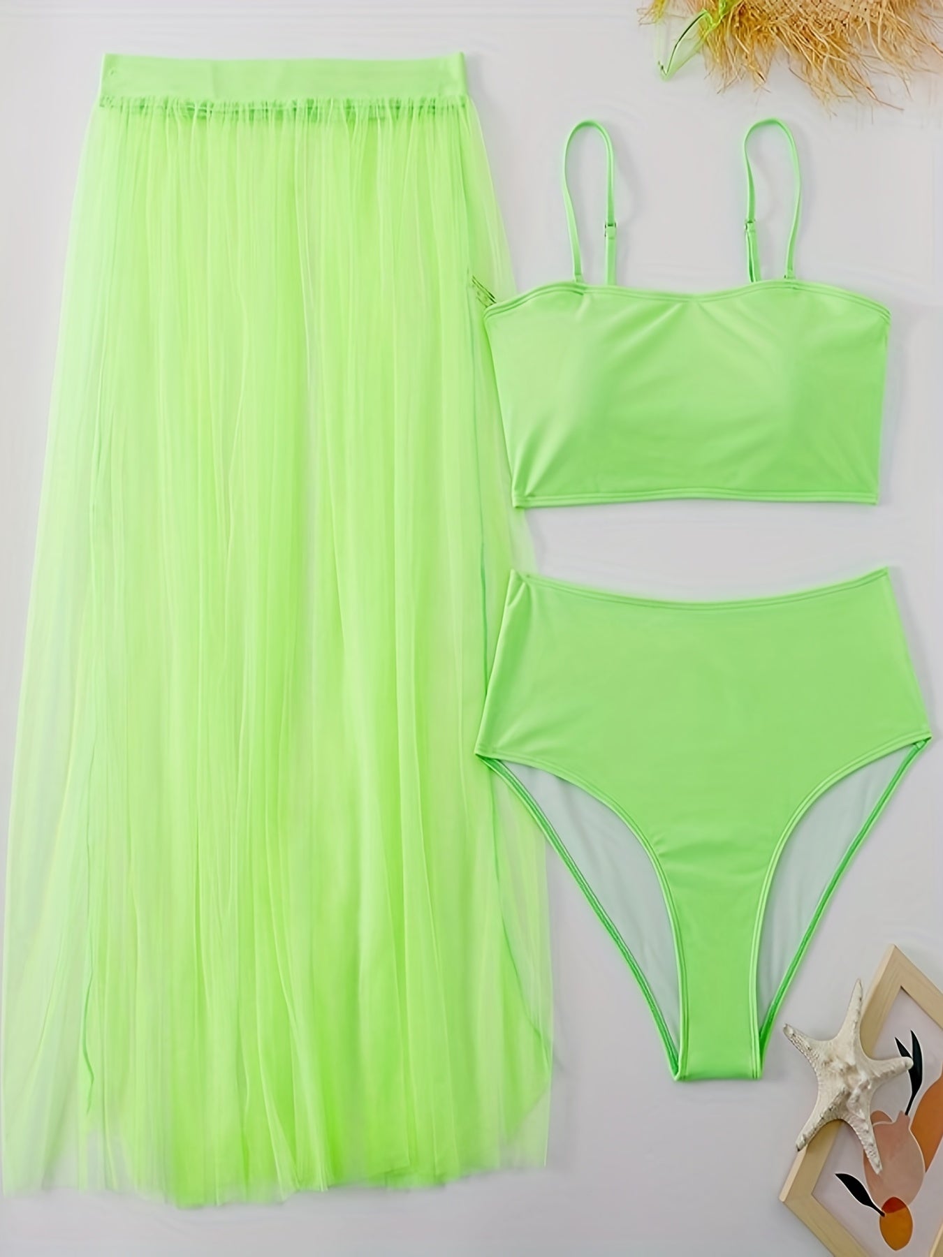  Solid Mesh Skirt & Bra & Panties Swimsuit Set