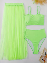  Solid Mesh Skirt & Bra & Panties Swimsuit Set