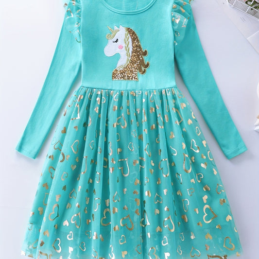 Princess Unicorn Sequin Long Sleeve Fall Dress Kids Birthday Party Wedding Tulle