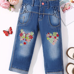 Girls' Floral Butterfly Embroidered Denim Capris