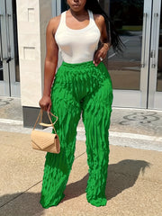  Solid High Rise Wide Leg Ruffle Trim Pants