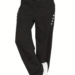  Solid Button Decor Drawstring Pants