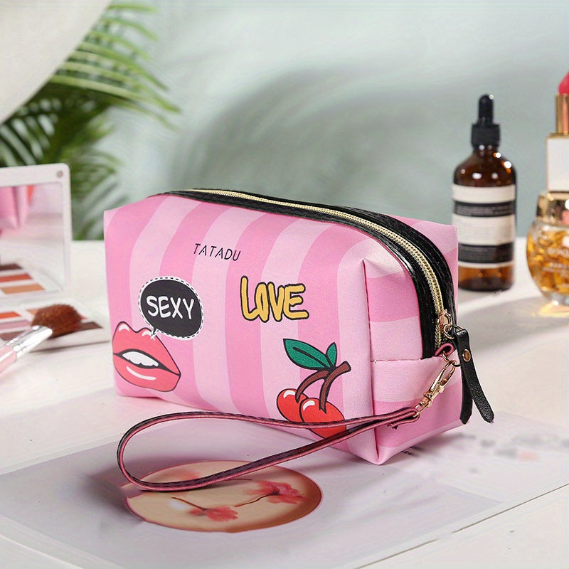 Heart & Striped Makeup Bag Lip Graphic Cosmetic Pouch Travel Toiletry Storage