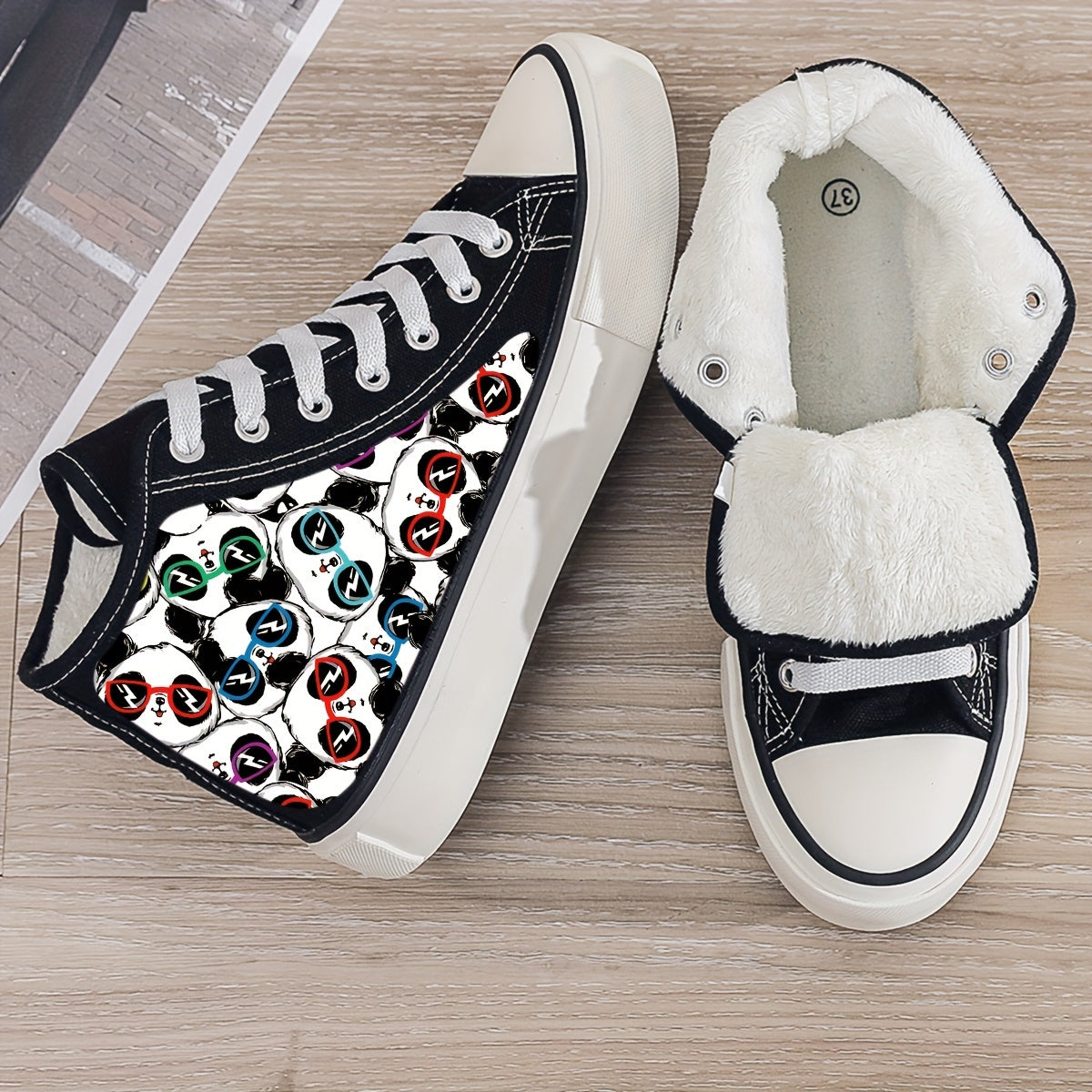 Panda Print Plush Lined Chunky Sneakers for Fall Winter